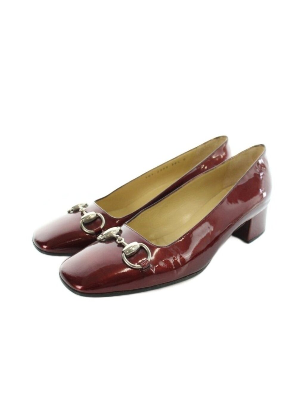 Gucci Pumps Square Toe Leather Patent Horsebit Chunky Heel Red